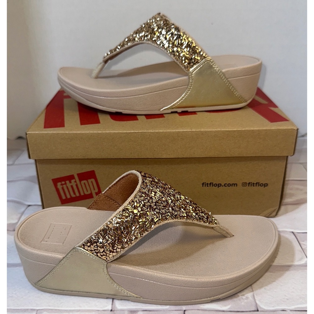 FitFlop Lulu Shimmerfoil Toe-Thong Gold Wedge Sandals CJ2-010-030 Womens 5 NEW